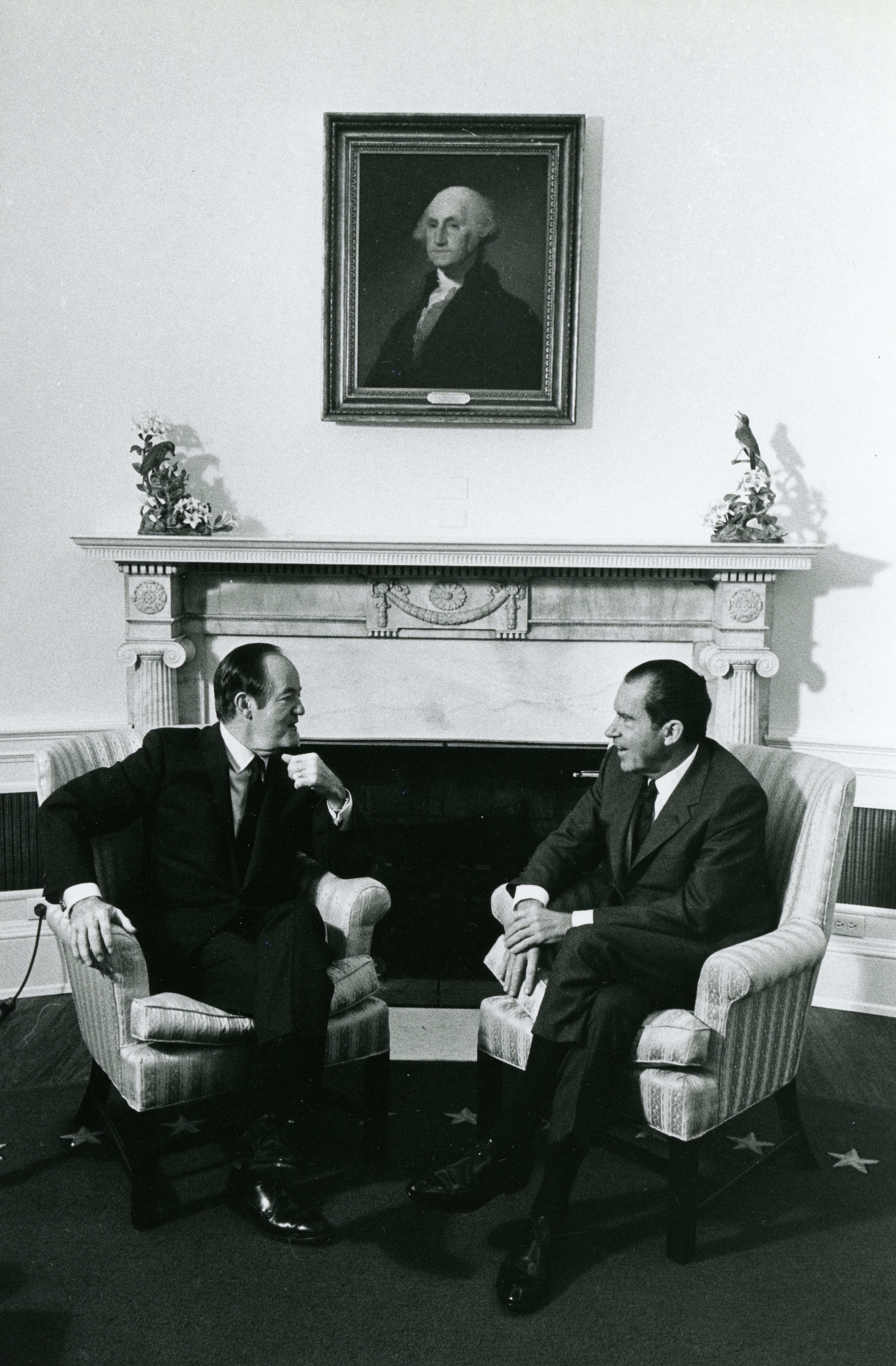 1d. President Nixon sitting informally during a meeting with Senator Hubert Humphrey in the Oval Office 10-10-69 (2123-11) (2)