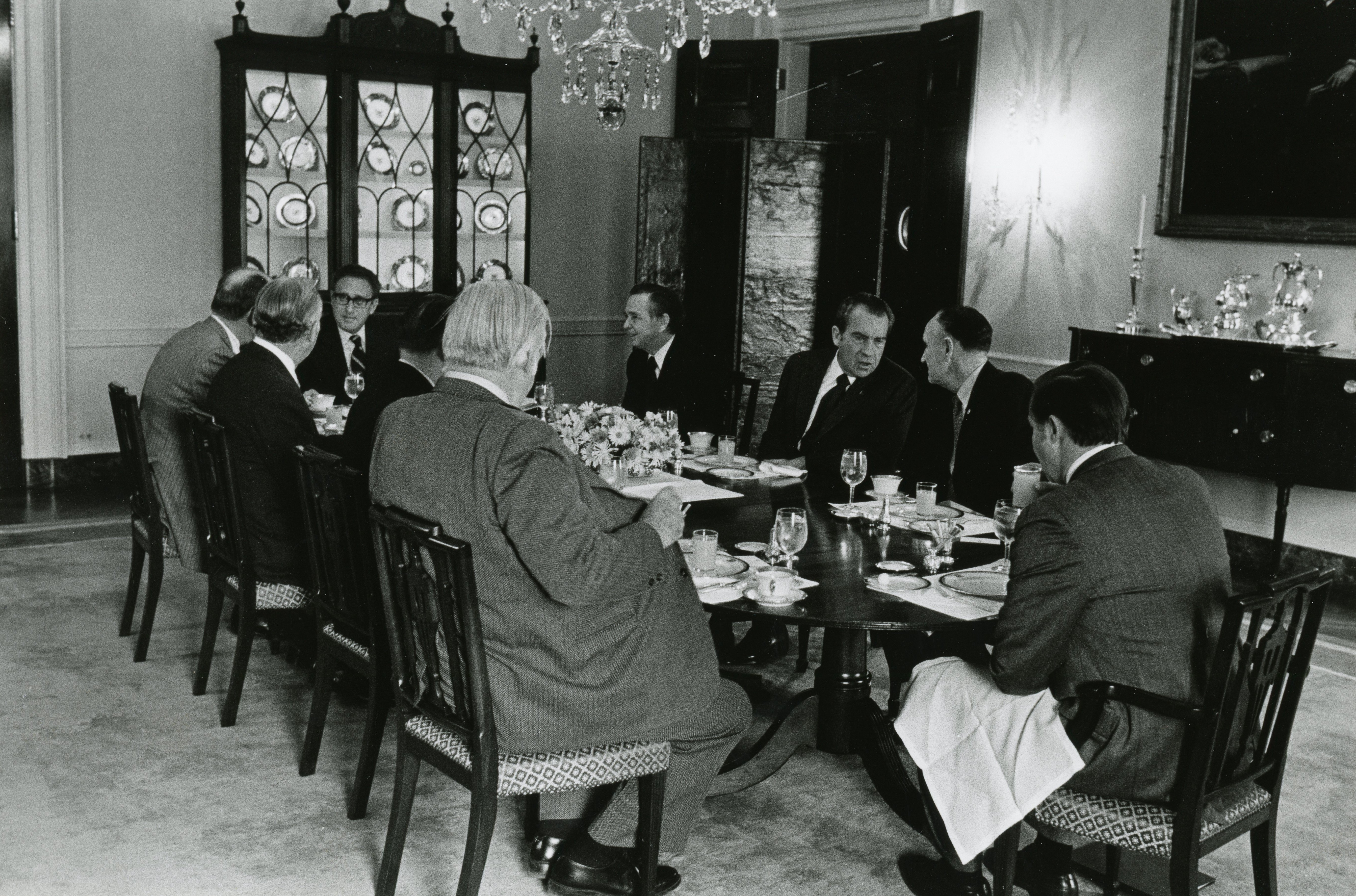 7. President Nixon seated at the dining table during a bipartisan breakfast meeting discussing Kissinger's Hanoi Bejing trip. (Vietnam and People's Republic of China) 0318-o1A.jpg (2_22_73)