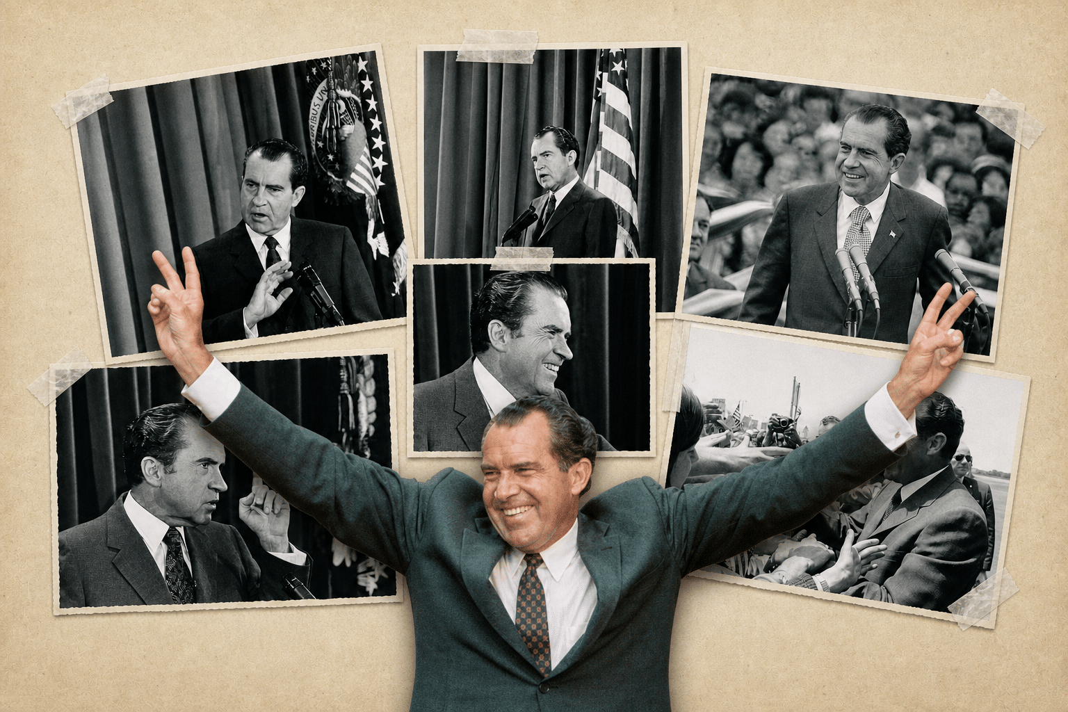 A scrapbook-style collage of Richard Nixon on textured cream paper. Six overlapping black-and-white photographs surround a large color cutout of Nixon smiling and raising both arms in victory signs, with torn photo borders, translucent tape, and subtle shadows.